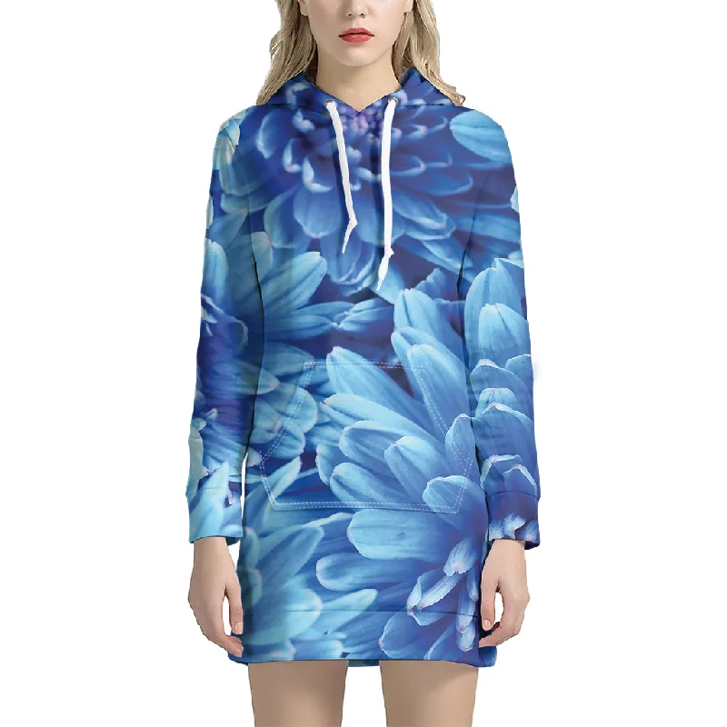 Blue Chrysanthemum Flower Print Pullover Hoodie Dress