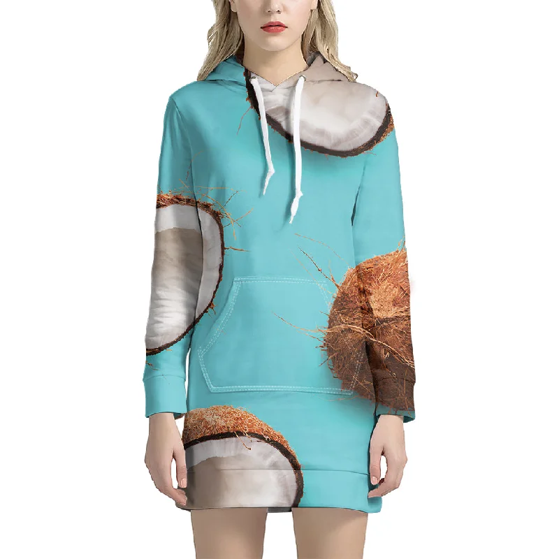 Blue Coconut Pattern Print Pullover Hoodie Dress