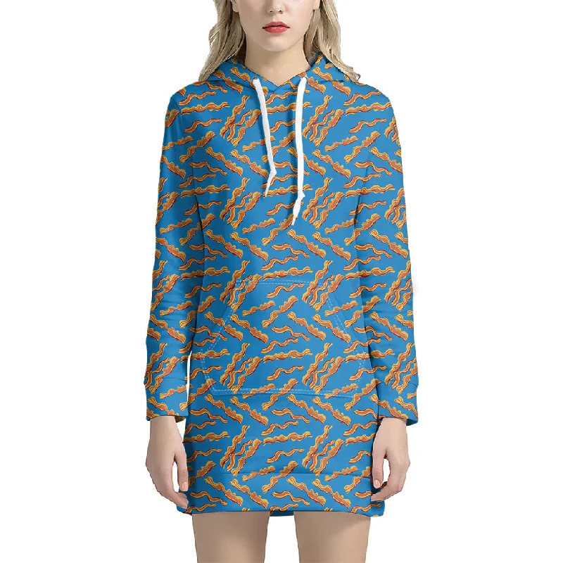 Blue Crispy Bacon Pattern Print Pullover Hoodie Dress
