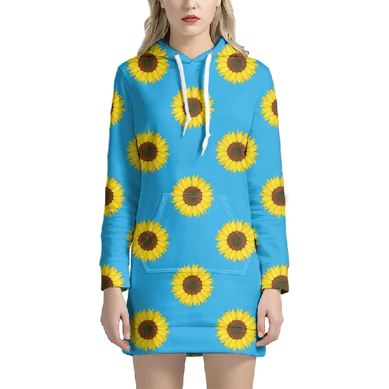 Blue Cute Sunflower Pattern Print Pullover Hoodie Dress