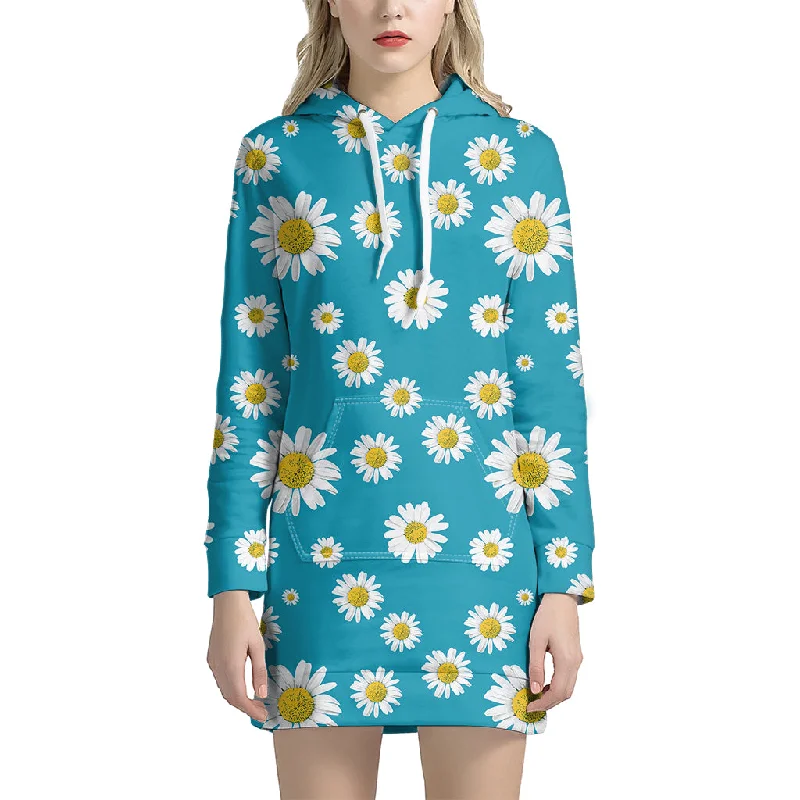 Blue Daisy Flower Pattern Print Pullover Hoodie Dress