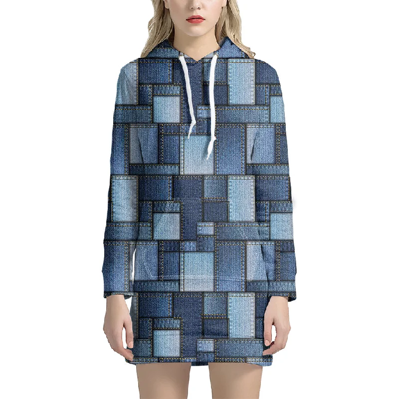 Blue Denim Patchwork Pattern Print Pullover Hoodie Dress