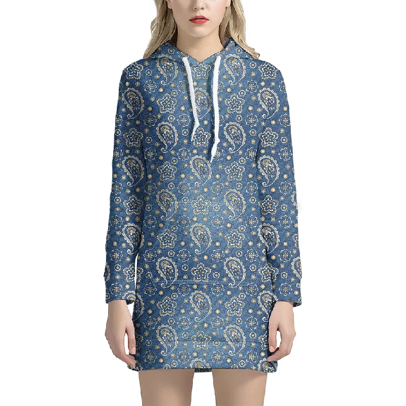 Blue Denim Western Paisley Print Pullover Hoodie Dress