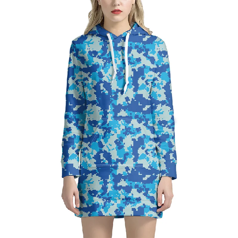 Blue Digital Camo Pattern Print Pullover Hoodie Dress