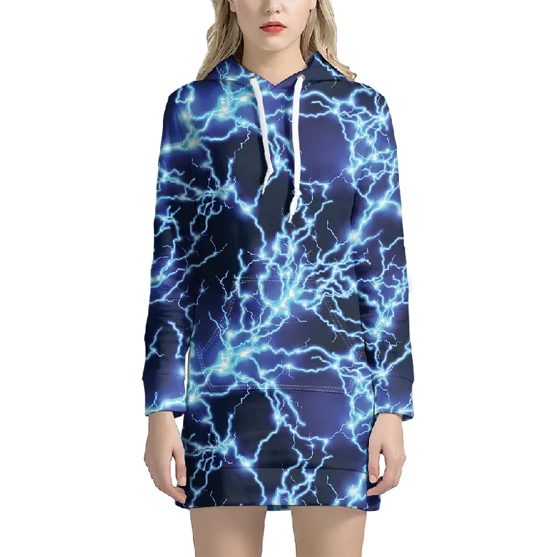 Blue Electric Lightning Print Pullover Hoodie Dress