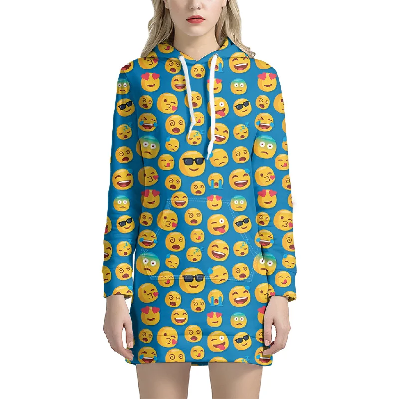 Blue Emoji Pattern Print Pullover Hoodie Dress