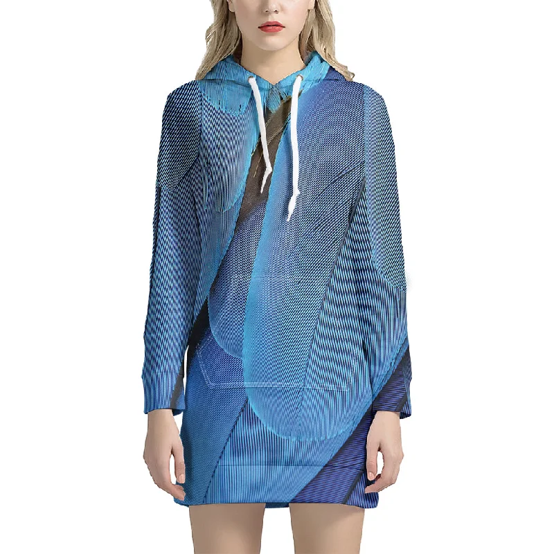 Blue Feather Print Pullover Hoodie Dress