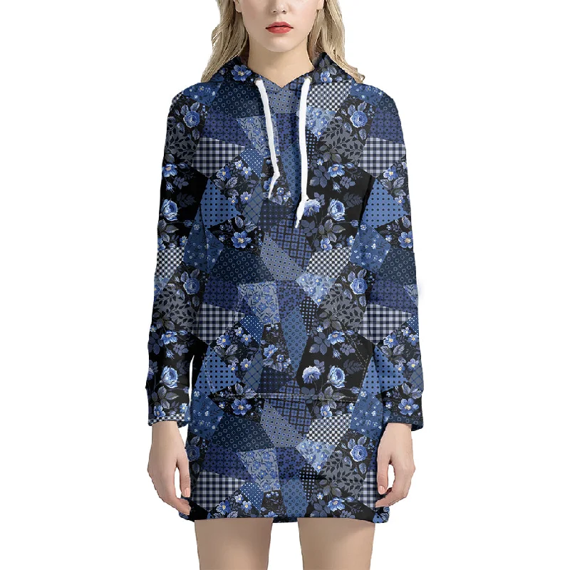 Blue Flower Patchwork Pattern Print Pullover Hoodie Dress