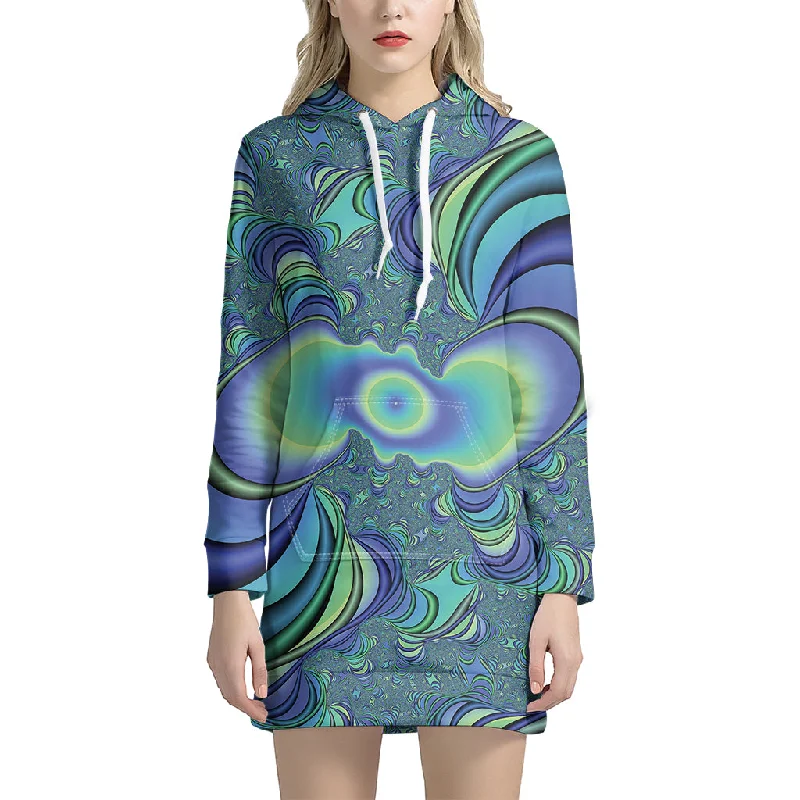 Blue Fractal Print Pullover Hoodie Dress