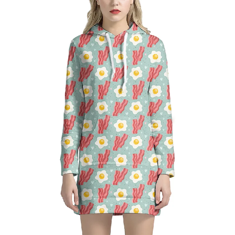 Blue Fried Egg And Bacon Pattern Print Pullover Hoodie Dress