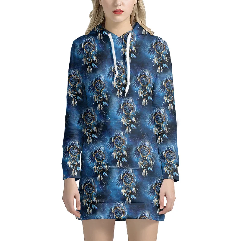 Blue Galaxy Dream Catcher Pattern Print Pullover Hoodie Dress