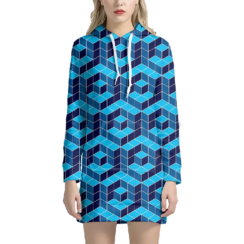 Blue Geometric Cube Shape Pattern Print Pullover Hoodie Dress