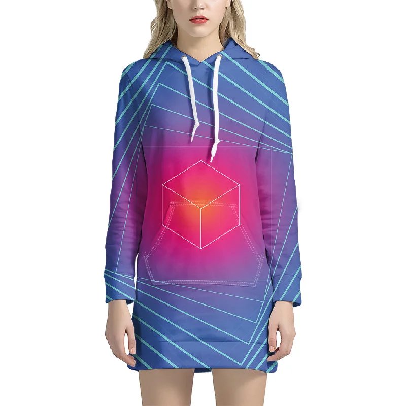 Blue Geometric EDM Light Print Pullover Hoodie Dress