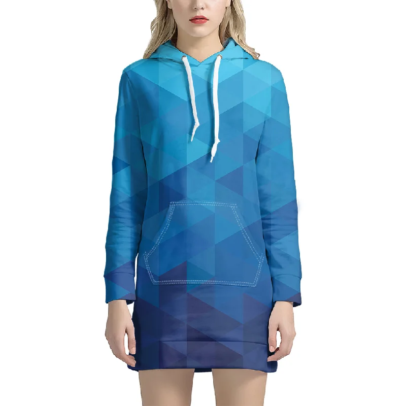 Blue Geometric Triangle Pattern Print Pullover Hoodie Dress