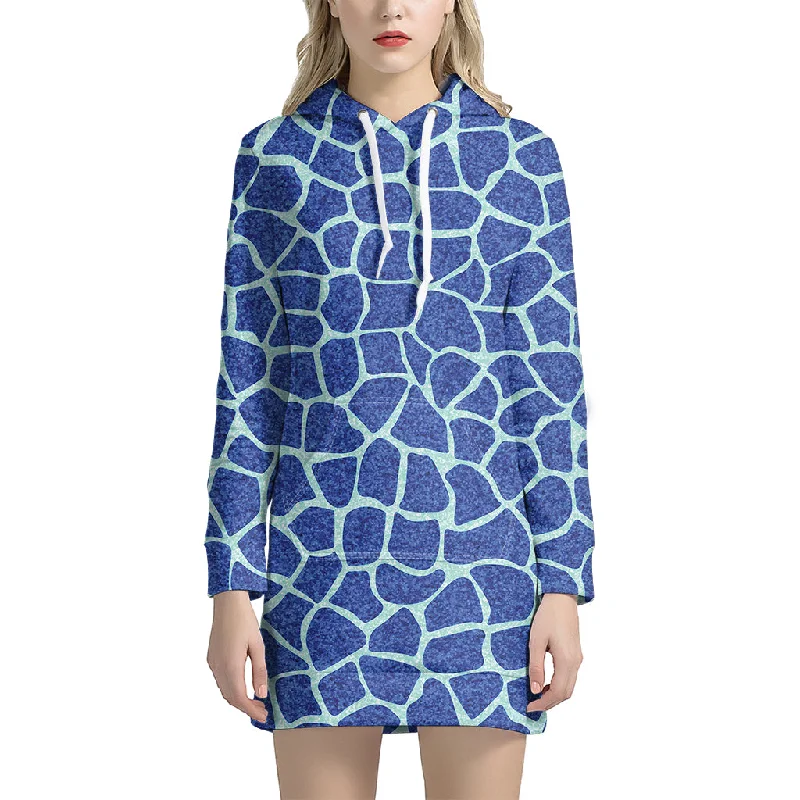 Blue Giraffe Print Pullover Hoodie Dress