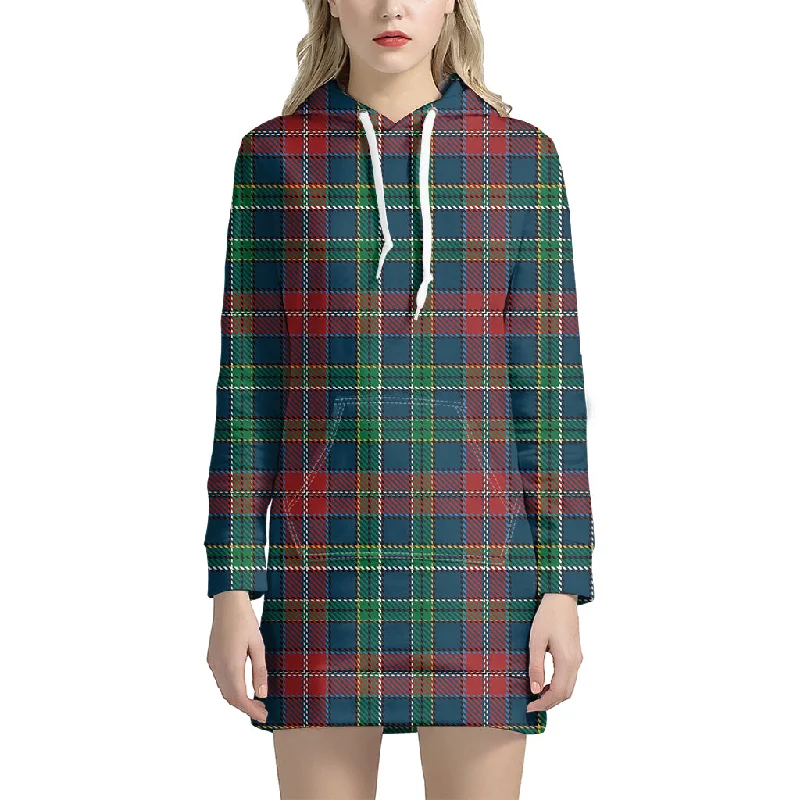 Blue Green And Red Scottish Plaid Print Pullover Hoodie Dress