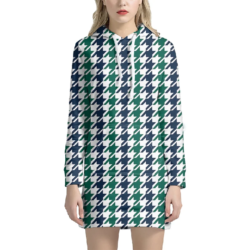 Blue Green And White Houndstooth Print Pullover Hoodie Dress