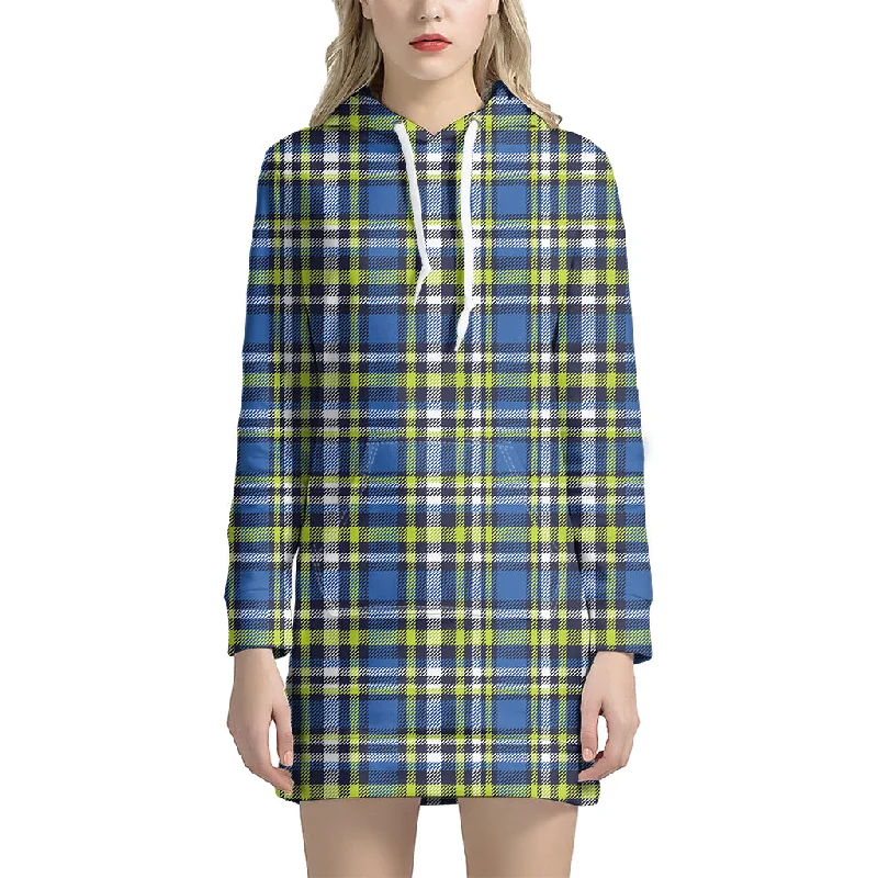 Blue Green And White Plaid Pattern Print Pullover Hoodie Dress