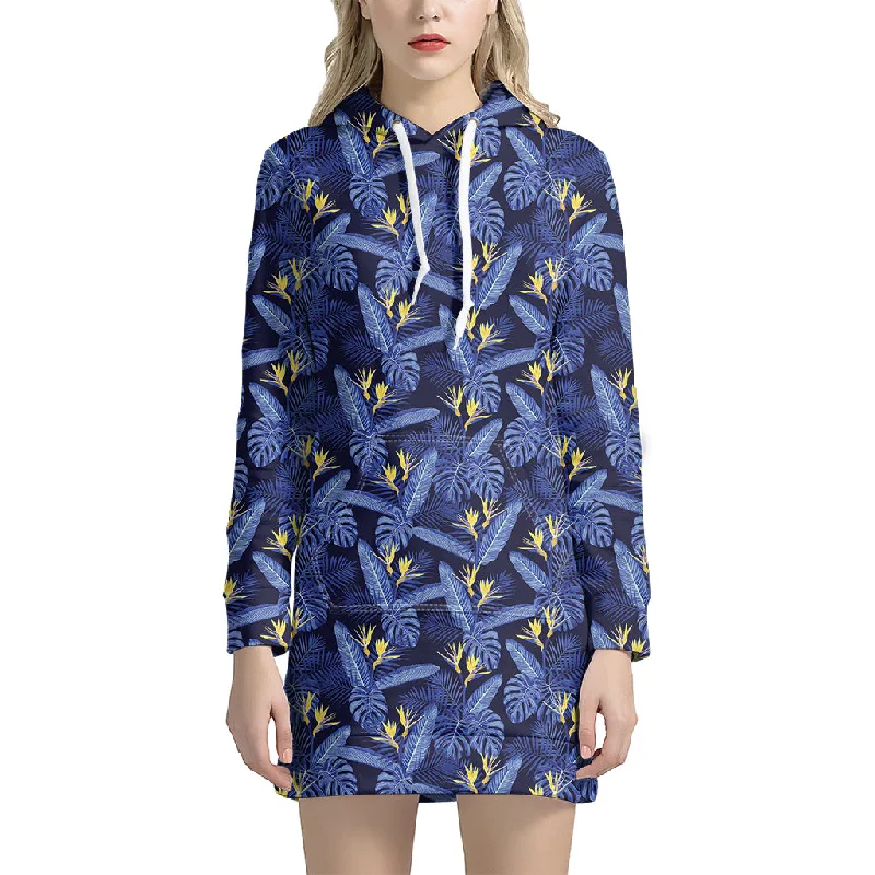 Blue Hawaiian Tropical Pattern Print Pullover Hoodie Dress