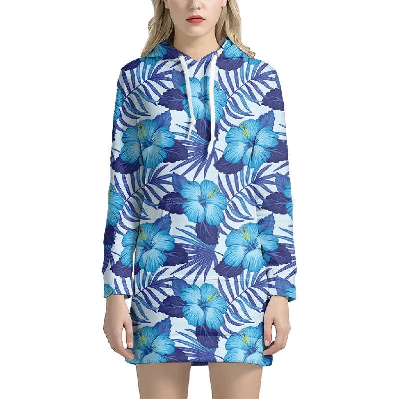 Blue Hibiscus Tropical Pattern Print Pullover Hoodie Dress