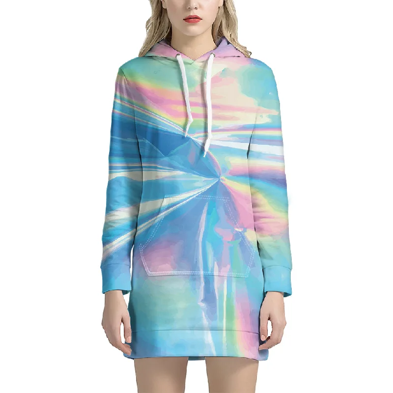 Blue Holographic Print Pullover Hoodie Dress