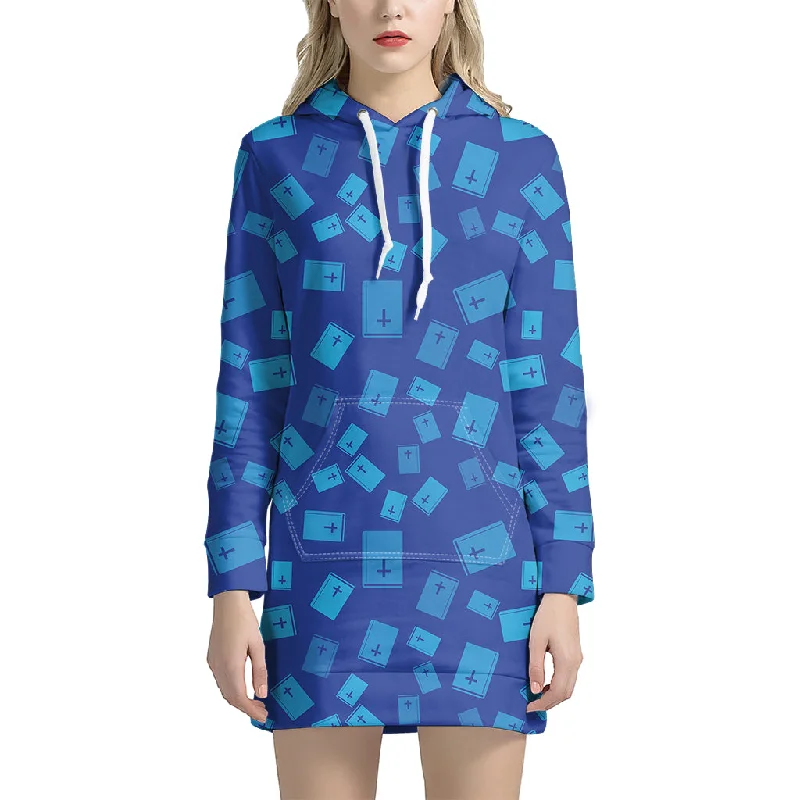 Blue Holy Bible Pattern Print Pullover Hoodie Dress