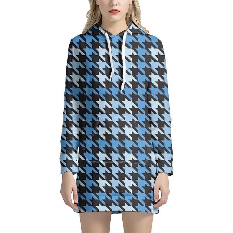 Blue Houndstooth Pattern Print Pullover Hoodie Dress