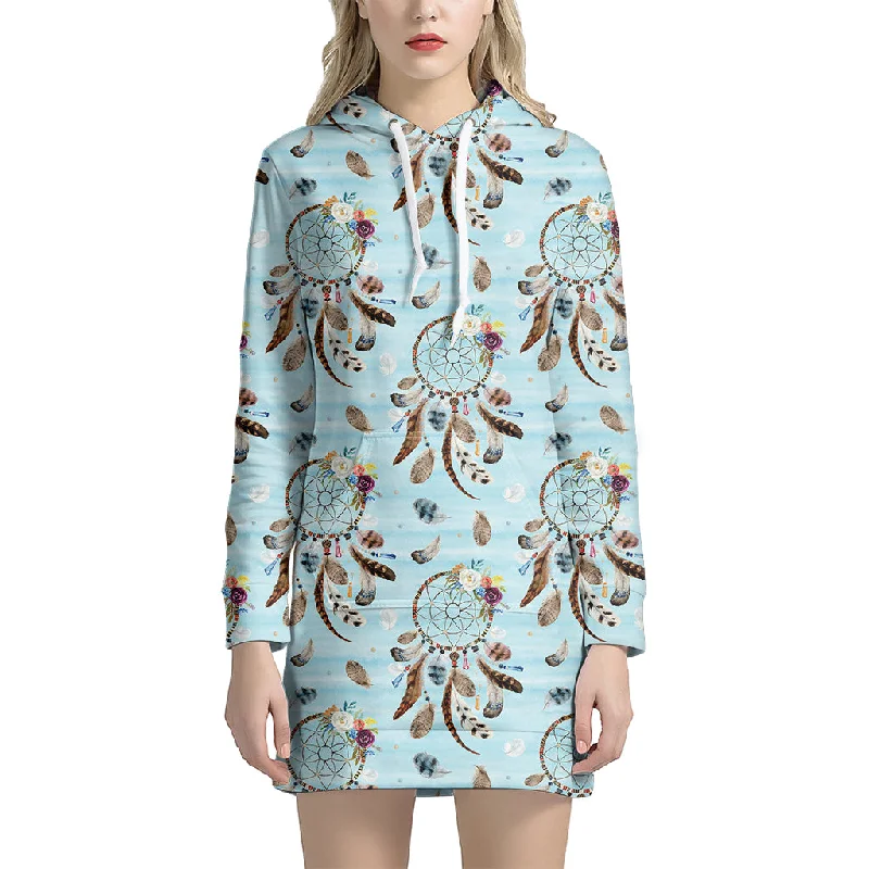 Blue Indian Dream Catcher Pattern Print Pullover Hoodie Dress