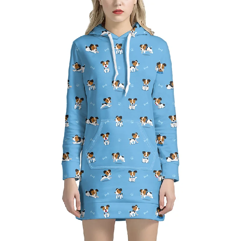 Blue Jack Russell Terrier Pattern Print Pullover Hoodie Dress