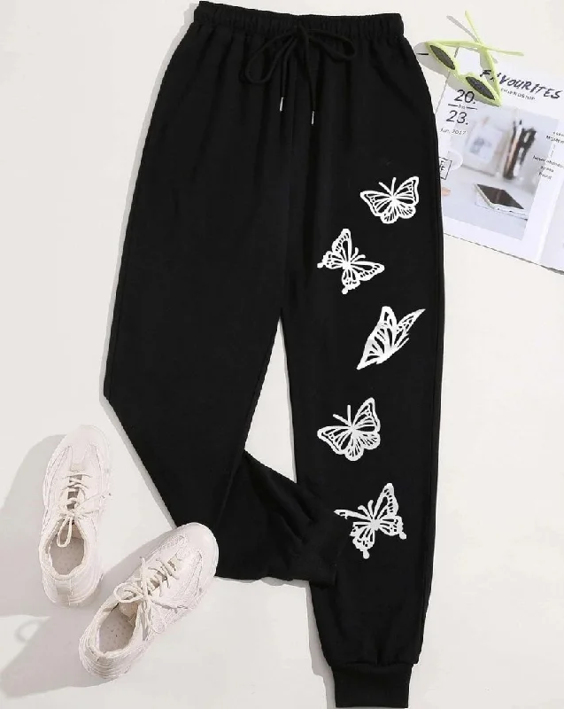 Butterfly Print Drawstring Waist Jogger Pants - Black Lightweight Jogger Pants
