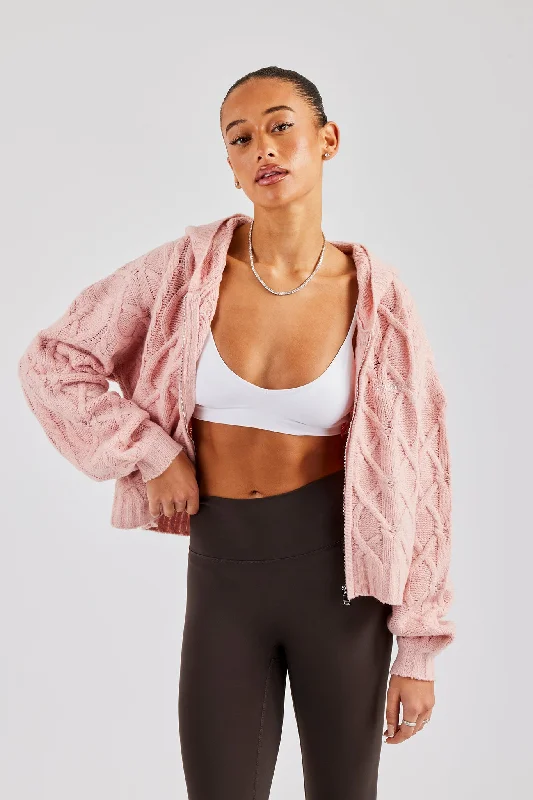 Cable Knit Zip Through Knit Hoodie - Baby Pink Hoodie with Bell Sleeves Flared Feminine Cable Knit Zip Through Knit Hoodie - Baby Pink Hoodie with Bell Sleeves Flared Feminine