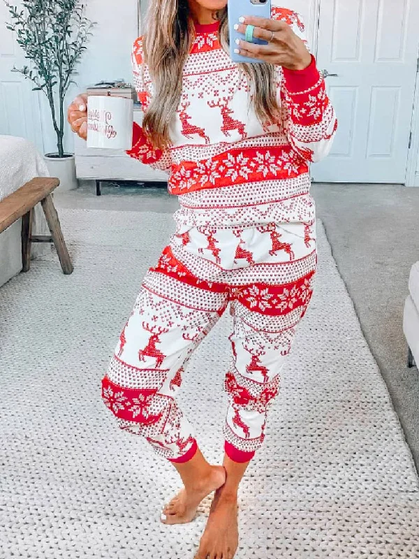 Christmas Element Round Neck Top and Pants Set Fashionable Button-Up Pants