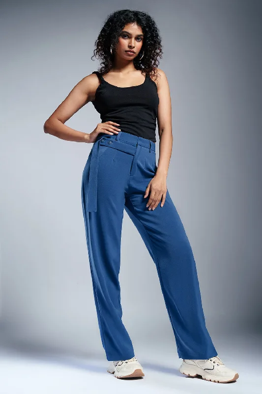Classic Cobalt Strap Detailed Korean Pants Soft Stretch Pants