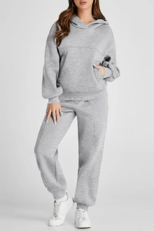 Dropped Shoulder Long Sleeve Hoodie and Pants Active Set Hoodie with Ribbed Cuffs Snug Fit Comfort