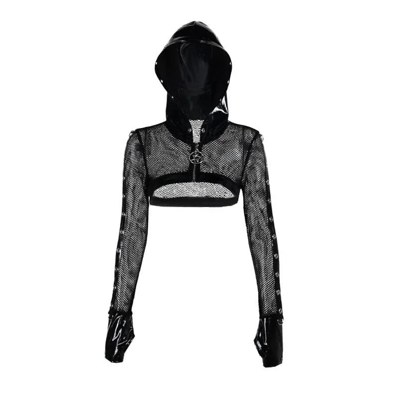 Fishnet zip-up gloves PU leather patchwork hoodie shrug top Hoodie with Strings Custom Fit Adjustable Fishnet zip-up gloves PU leather patchwork hoodie shrug top Hoodie with Strings Custom Fit Adjustable