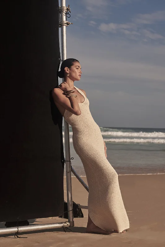 GINA CREAM HALTER CROCHET DRESS