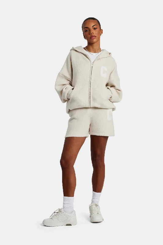 Hooded Zip Through Knitted Short Tracksuit - Oatmeal Hoodie with Typography Text Message Hooded Zip Through Knitted Short Tracksuit - Oatmeal Hoodie with Typography Text Message