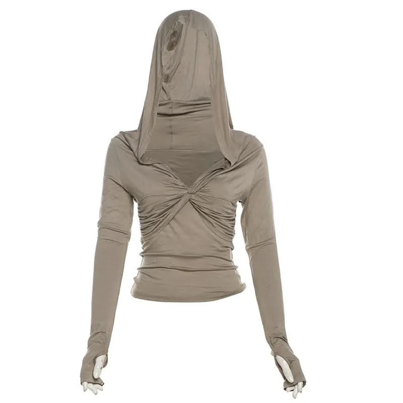 Hoodie long sleeve gloves knotted ruched v neck top Hoodie with Sequins Glamorous Eye-catching