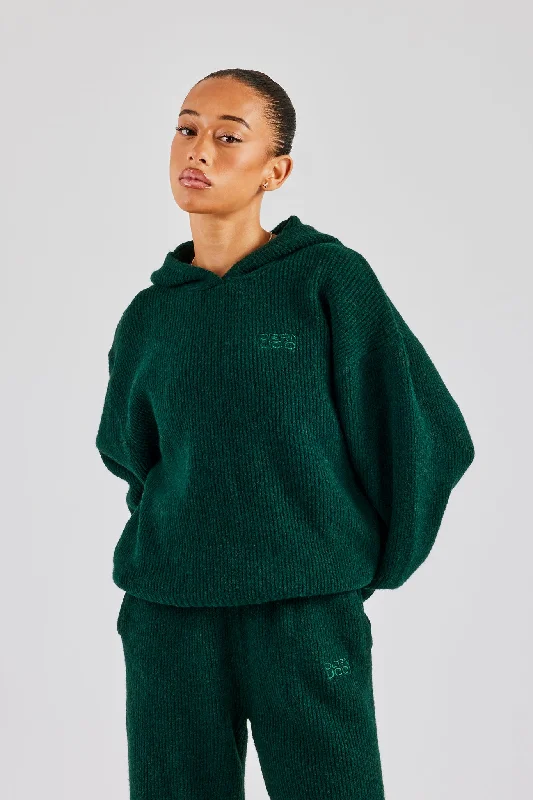 Knit Boxy Embroidered Hoodie - Forest Green Hoodie with Zipper Placket Modern Functional Knit Boxy Embroidered Hoodie - Forest Green Hoodie with Zipper Placket Modern Functional