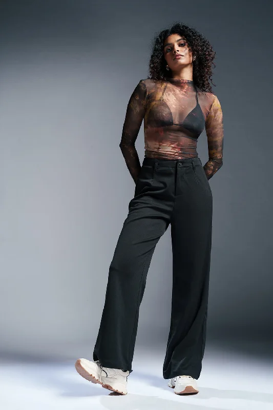 Lacquer Black Wide Leg Adjustable Korean Pants Warm Wool Trousers