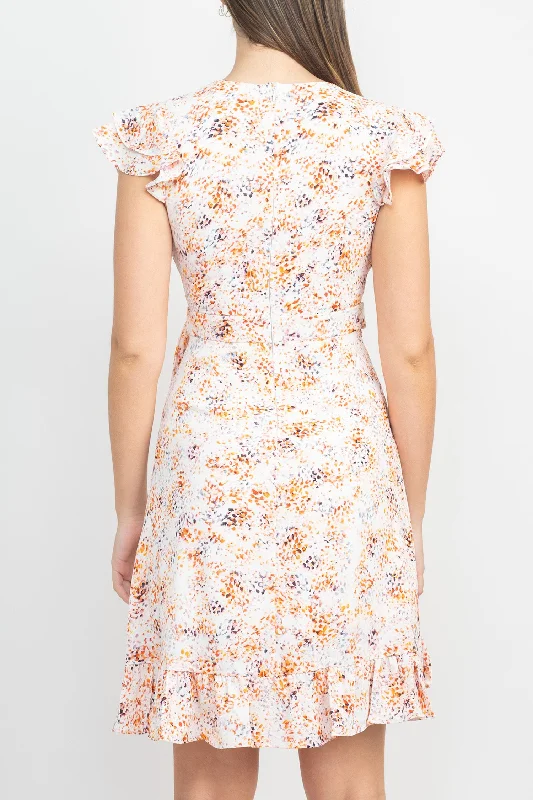 V-Neck Flutter Sleeve Tie Waist Ruffled Hem A-Line Zipper Back Twill Dress