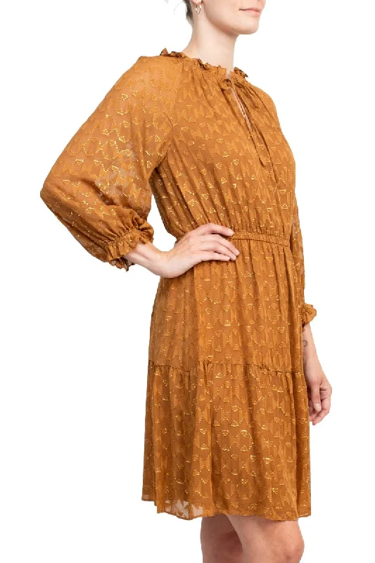 Ruffle Neck Cuff Sleeve Elastic Waist Tiered Chiffon Dress