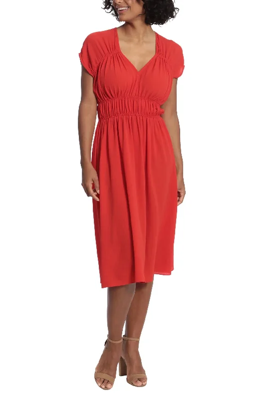 London Times V-Neck Cap Sleeve Ruched Bodice Solid Catalina Crepe Dress by Curated Brands