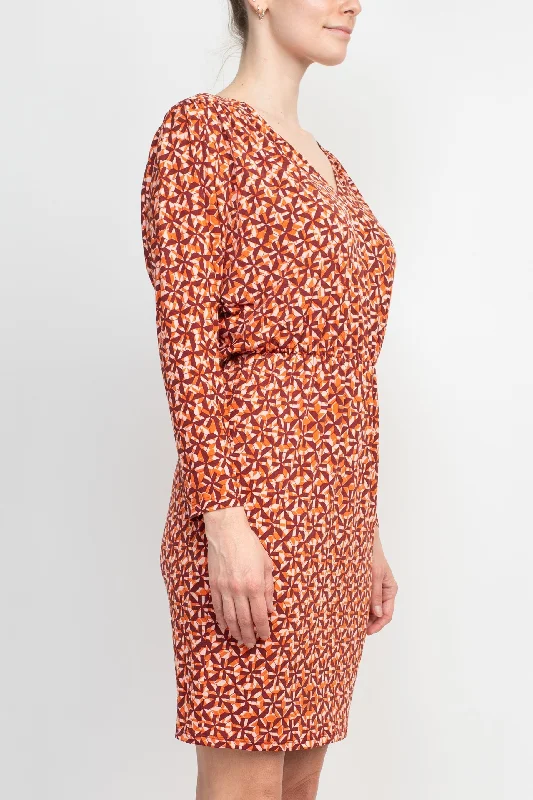 V-Neck Long Dolman Sleeve Blouson Elastic Waist Printed ITY Dress
