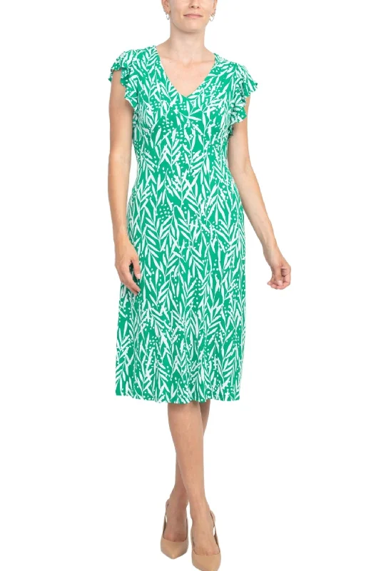 V-Neck Ruffled Sleeve A-Line Jersey Dress