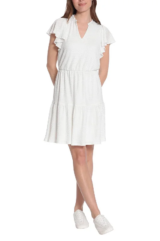 London Times V Neck Short Butterfly Sleeves Pull Over Short Jersey Dress by Curated Brands