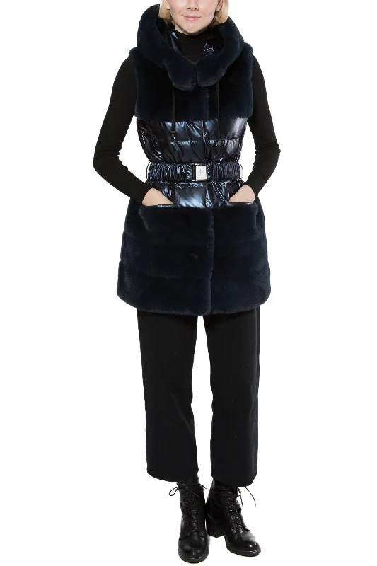 LYON- Faux Fur Longline Hooded Down Vest Hoodie with Hem Patch Decorative Personalized LYON- Faux Fur Longline Hooded Down Vest Hoodie with Hem Patch Decorative Personalized