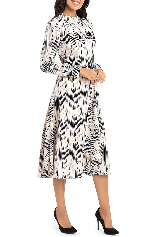High Neck Button Long Cuffed Sleeve Zipper Back Multi Print A-Line Chiffon Dress