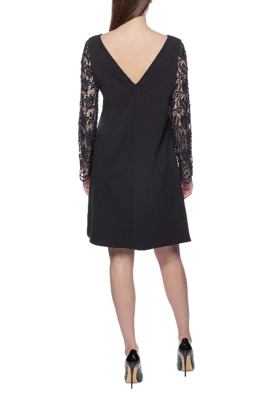 Boat Neck Long Lace Sleeves Back Zipper Short Crepe Dress