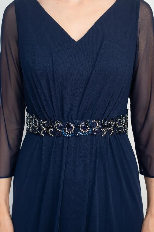 Marina V-Neck 3/4 Sleeve Embellished Waist Front Zipper Back Solid Mesh Dress by Curated Brands
